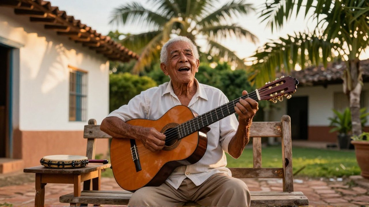 An elderly man joyfully sings while playing an acoustic guitar in a sunlit tropical courtyard.
