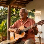 An elderly Dominican man sings expressively on a sun-drenched wooden veranda beside a guitar.