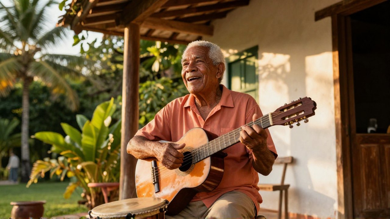 An elderly Dominican man sings expressively on a sun-drenched wooden veranda beside a guitar.