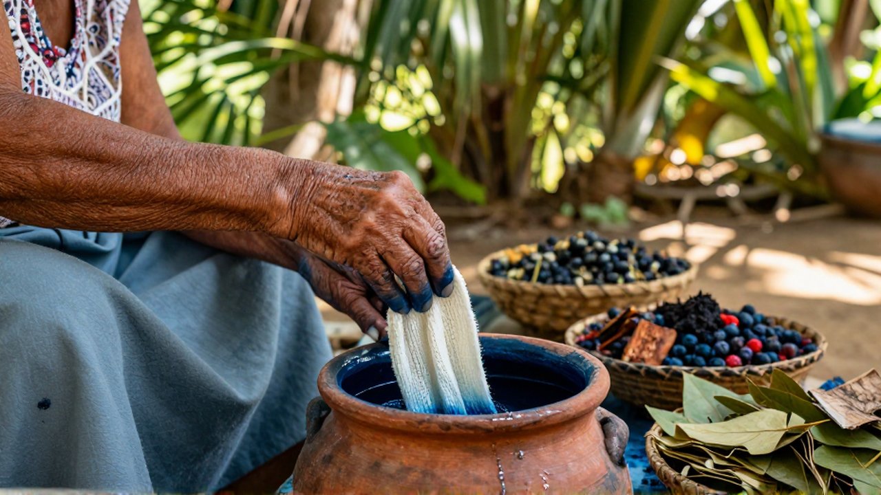 An elderly woman dips a long strip of white cotton into a clay pot of indigo dye.