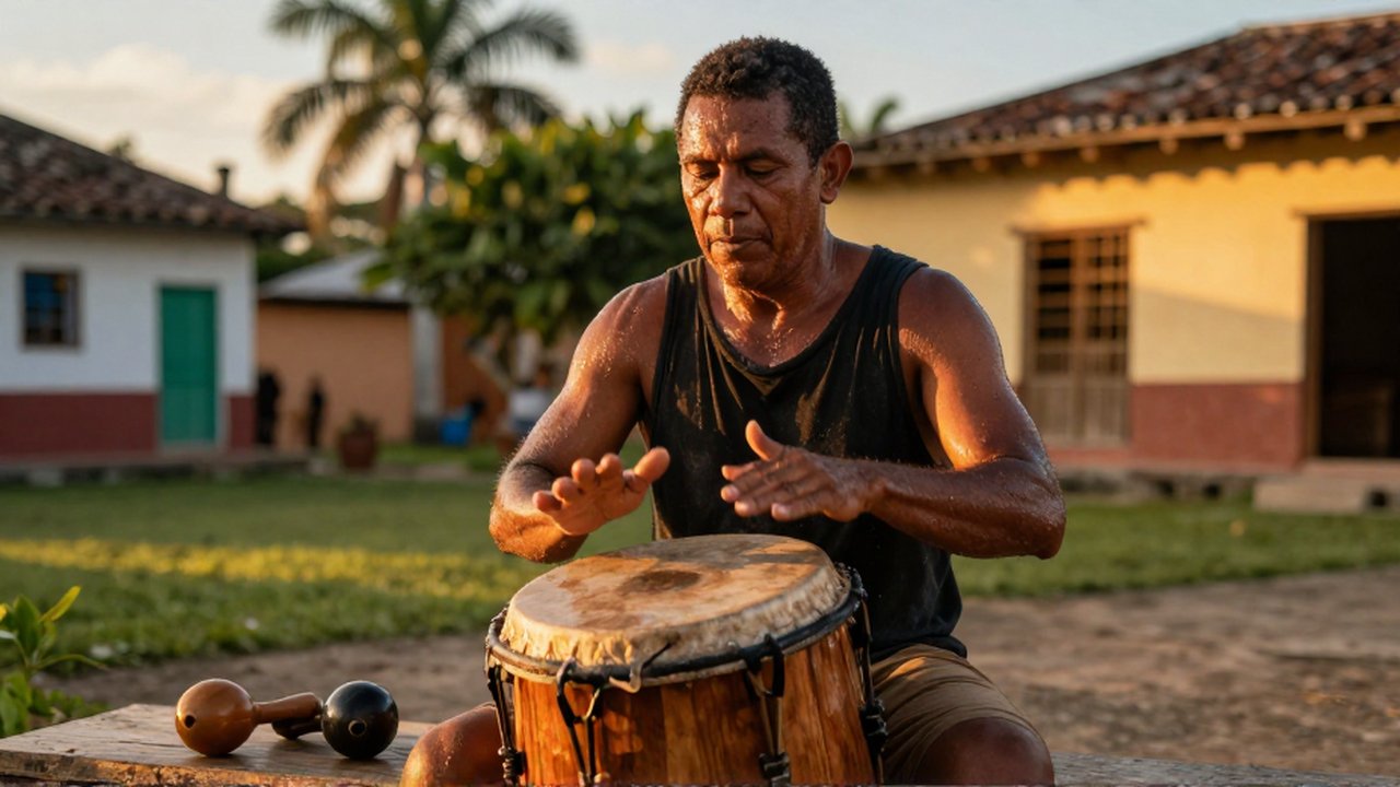 A focused percussionist plays a wooden drum in a sunlit village courtyard at sunset.
