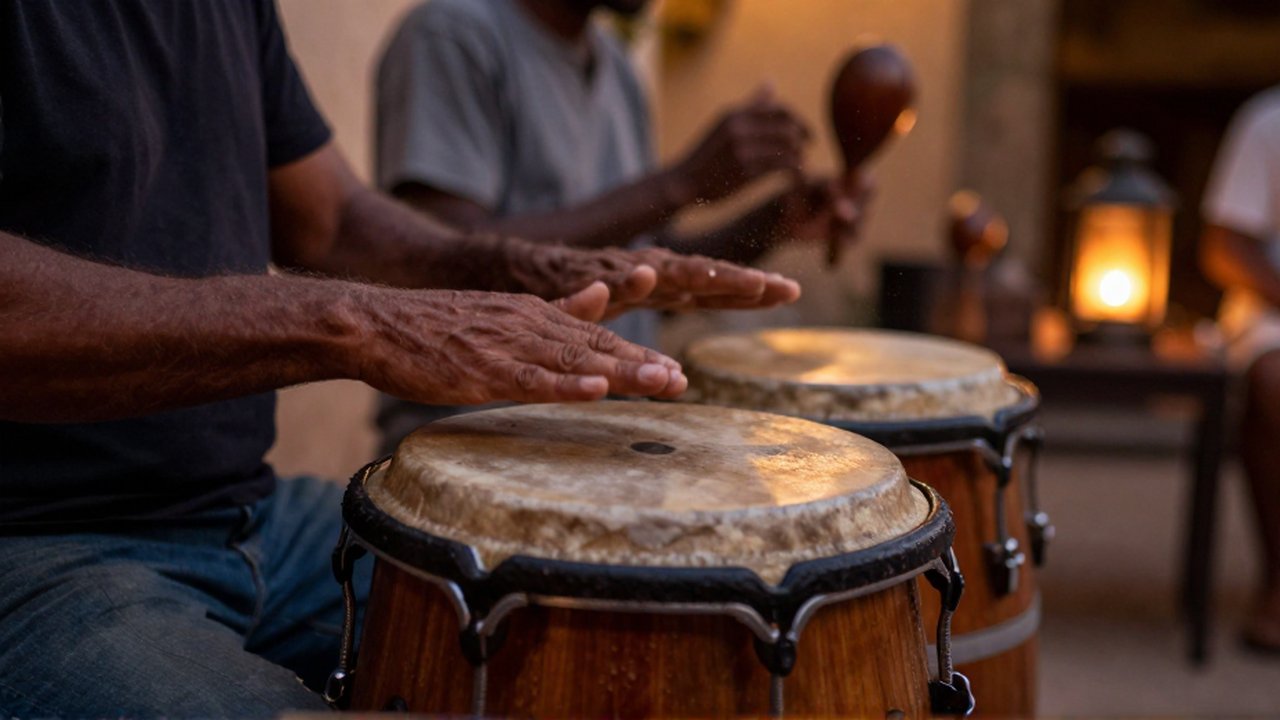Weathered hands vigorously strike a wooden Conga drum in a dimly lit, rustic courtyard.