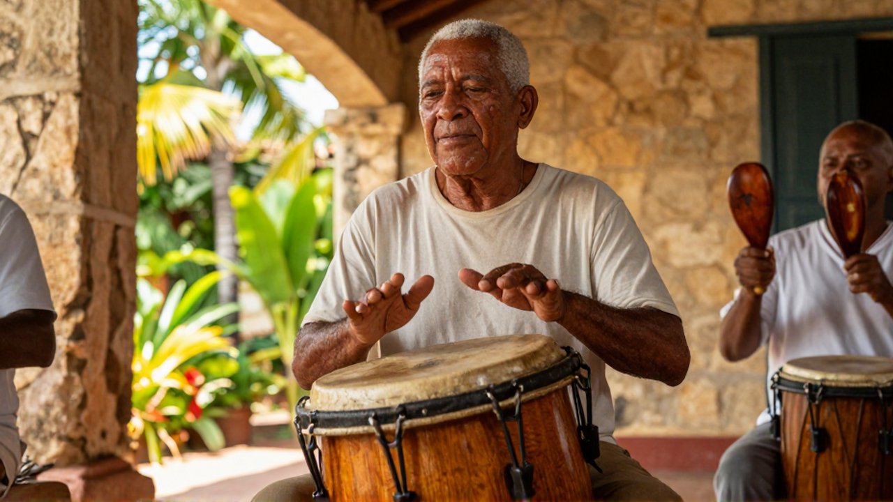 An elderly percussionist vigorously plays a wooden tambora drum in a sun-drenched Caribbean courtyard.