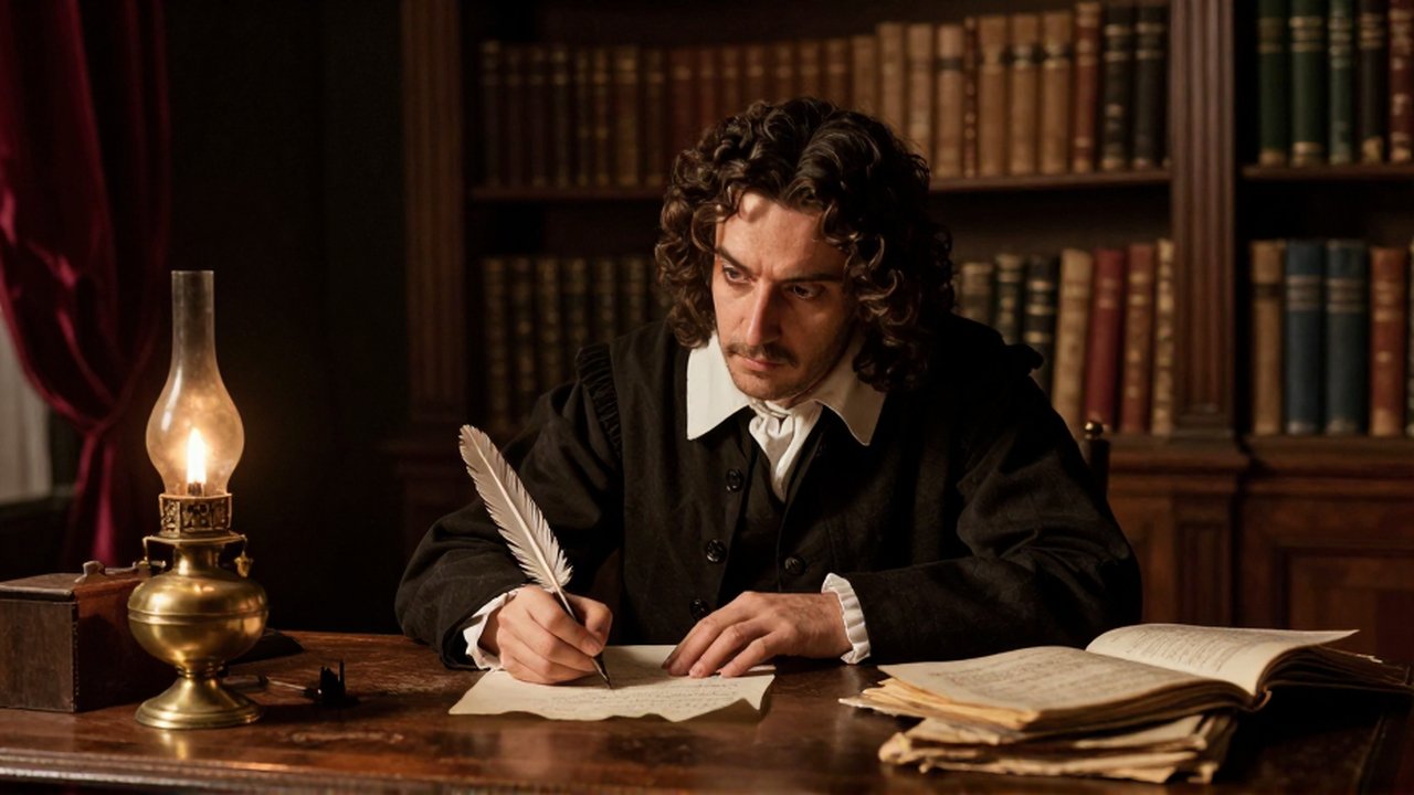 A man sits at a wooden desk in a dimly lit library, writing with a quill pen.
