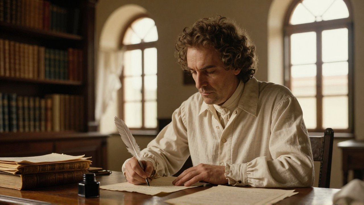 A 19th-century poet sits at a mahogany desk writing on parchment in a sunlit, colonial-style study.