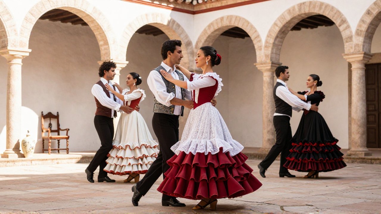 A man in a colonial vest and a woman in a ruffled gown dance in a sunlit, arched courtyard.