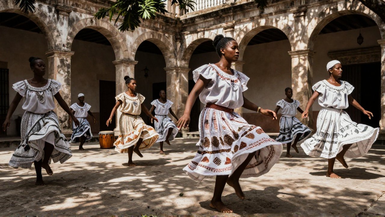 Afro-Dominican dancers in cotton garments perform a rhythmic ritual in a sun-dappled colonial limestone courtyard.