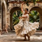 A person in flowing linen attire performs a traditional dance in a sunlit colonial courtyard.