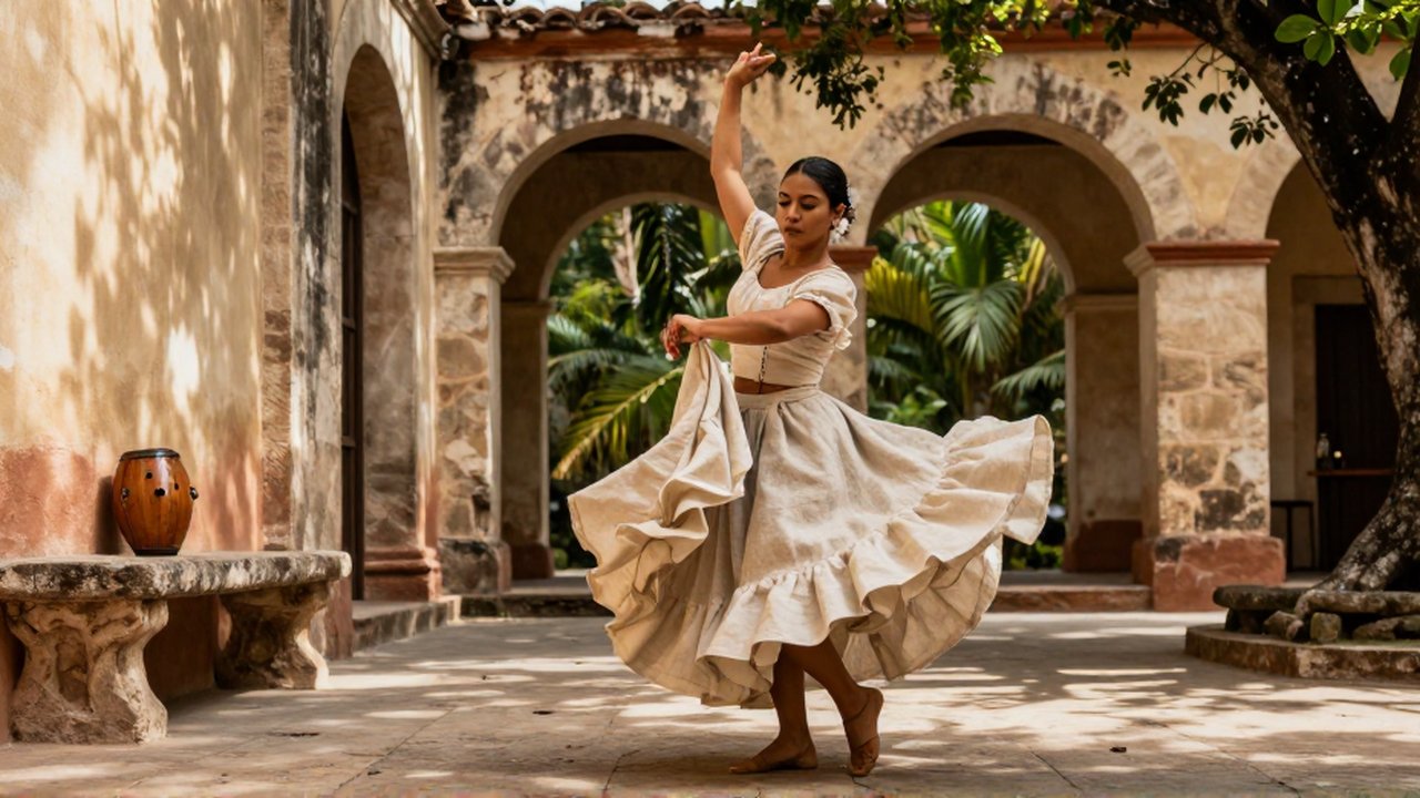 A person in flowing linen attire performs a traditional dance in a sunlit colonial courtyard.