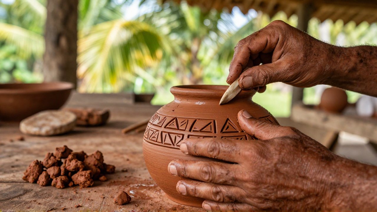 Weathered hands use a bone tool to carve geometric patterns into a wet clay vessel.