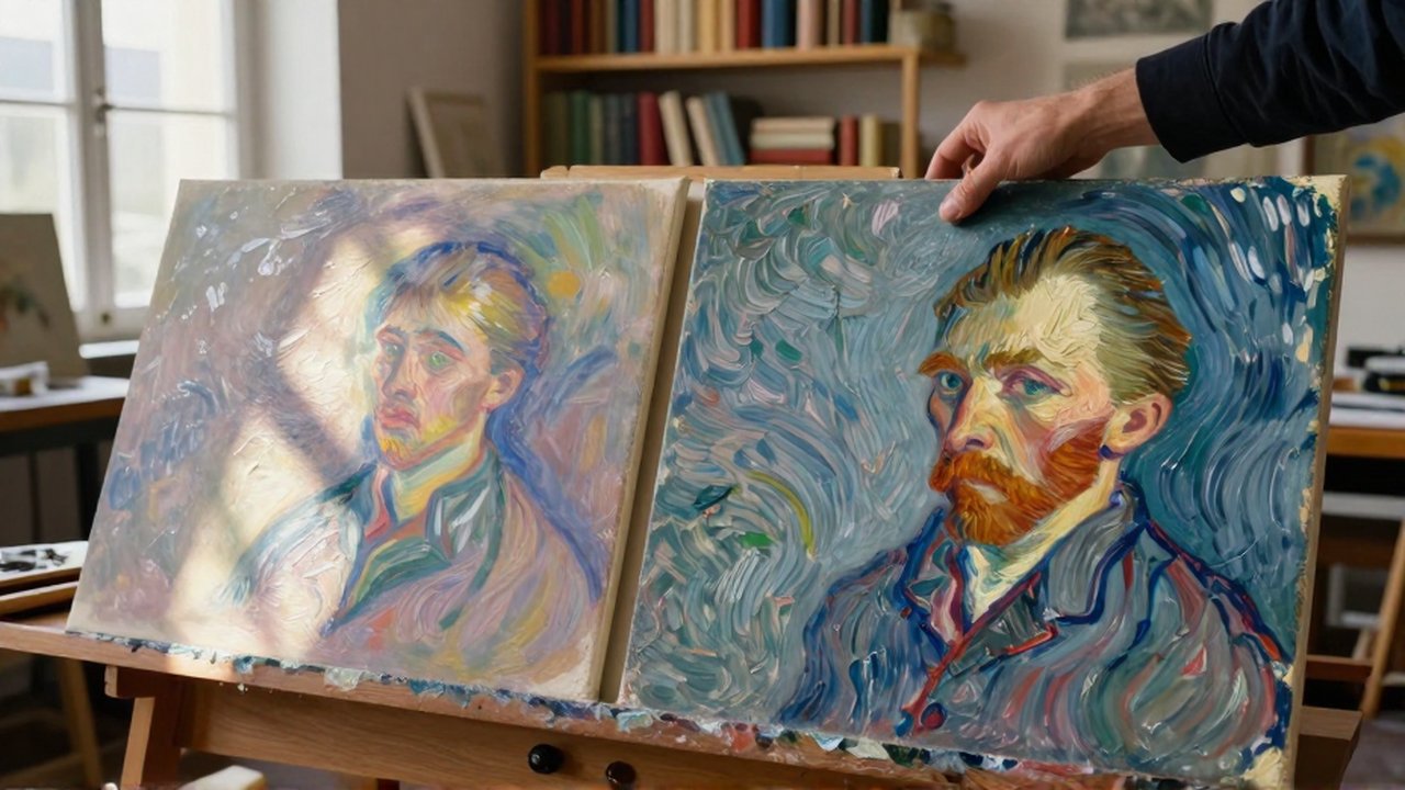 An art historian compares two different painting styles on an oak table in a sunlit studio.