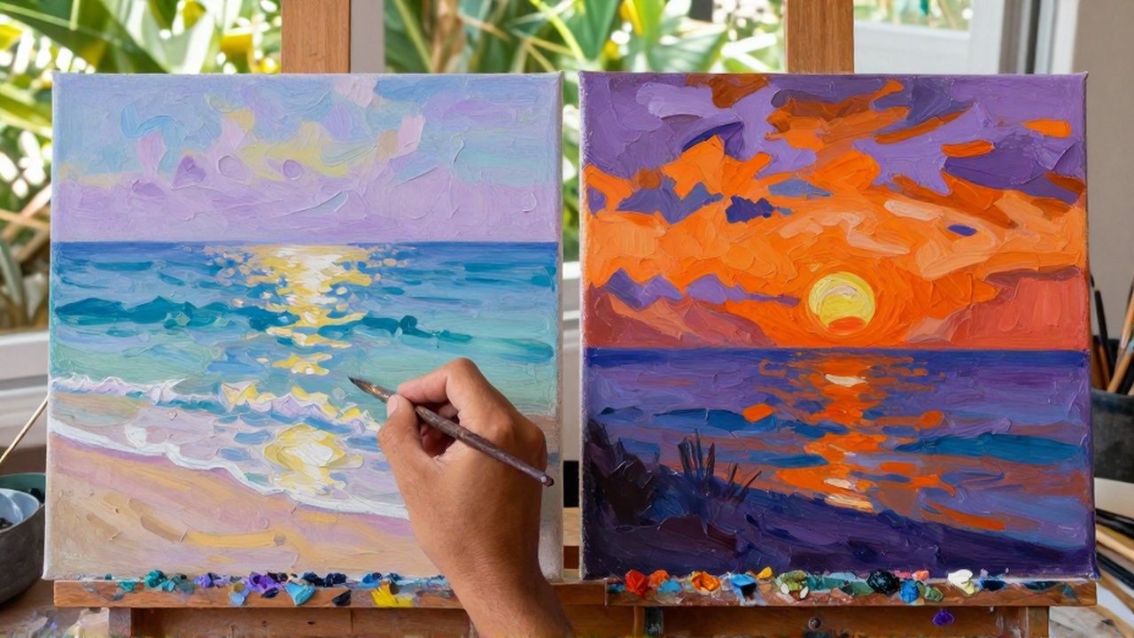 A painter's hands work on two side-by-side canvases, contrasting soft Impressionist waves with thick, expressive sunset impasto.