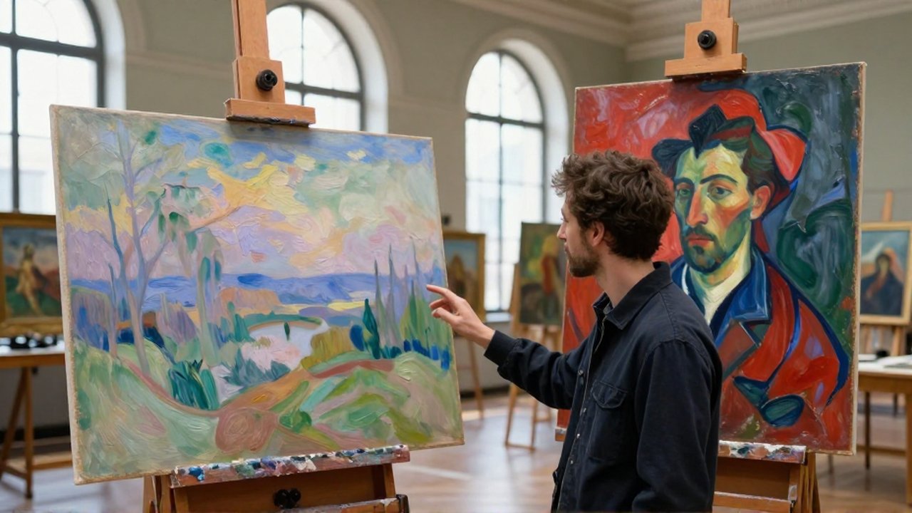 An art historian gestures toward the contrasting brushwork of an Impressionist landscape and an Expressionist portrait.