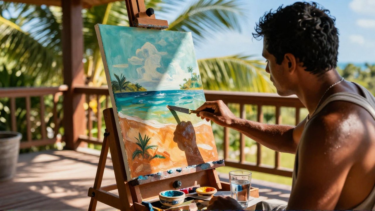 A painter uses a palette knife to apply thick oil paint to a landscape canvas on a sunlit tropical veranda.