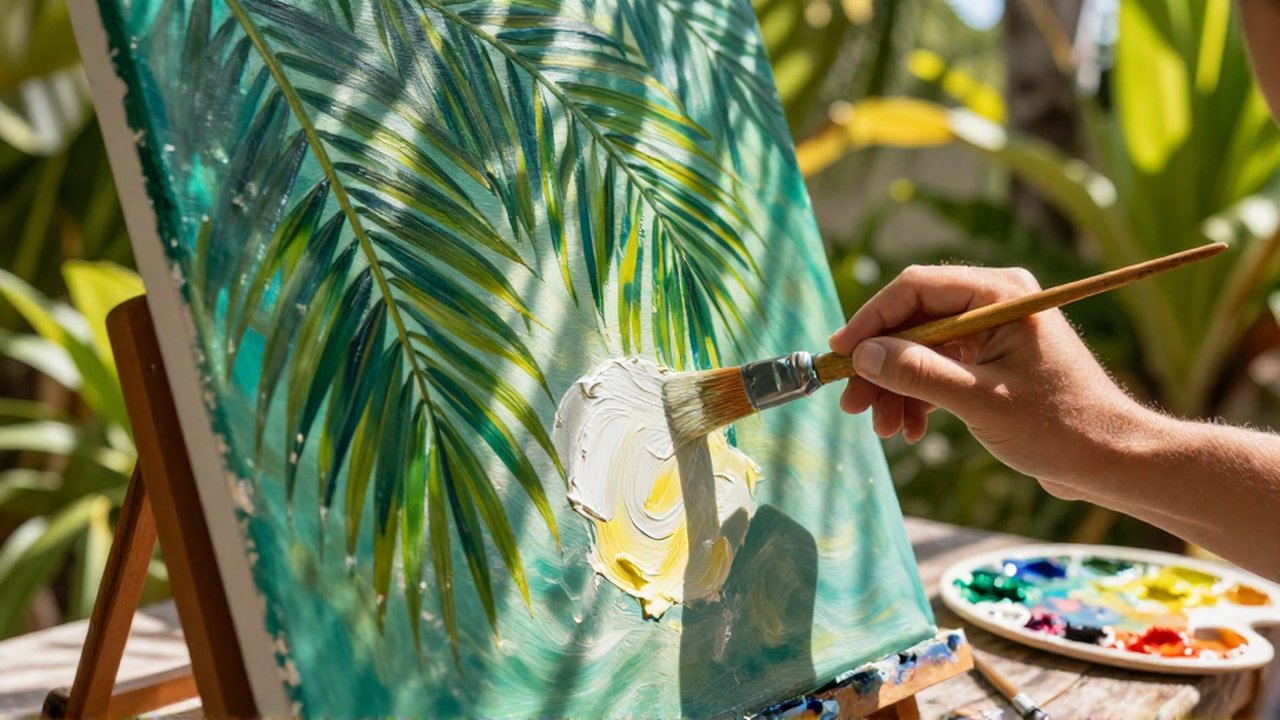 A close-up of an artist's hand applying thick white and yellow oil paint to a canvas.