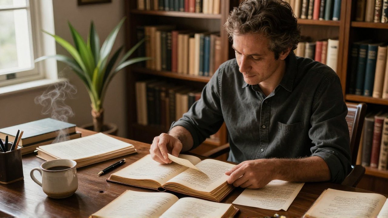 A person sits at a wooden desk in a sunlit study