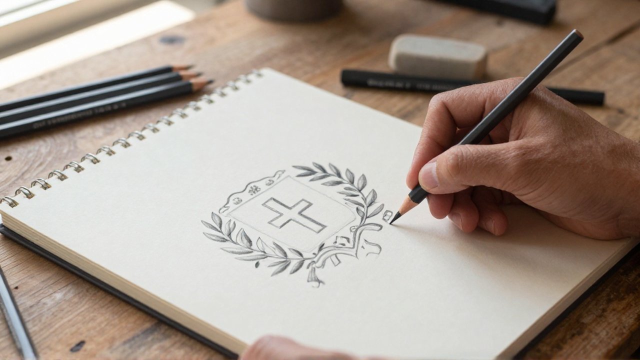 An artist's hand sketches the intricate details of the Dominican Republic national shield on paper.
