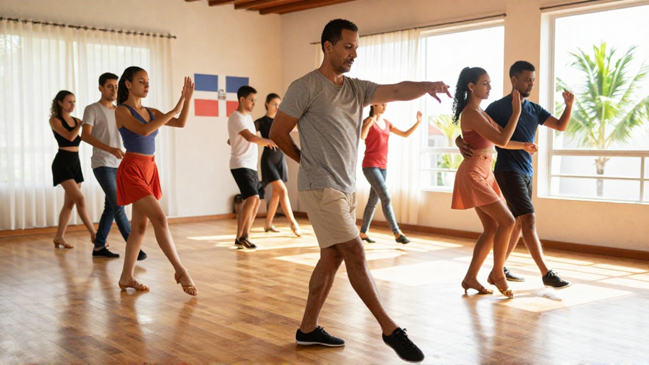 A dance instructor demonstrates Bachata footwork to students in a sun-drenched