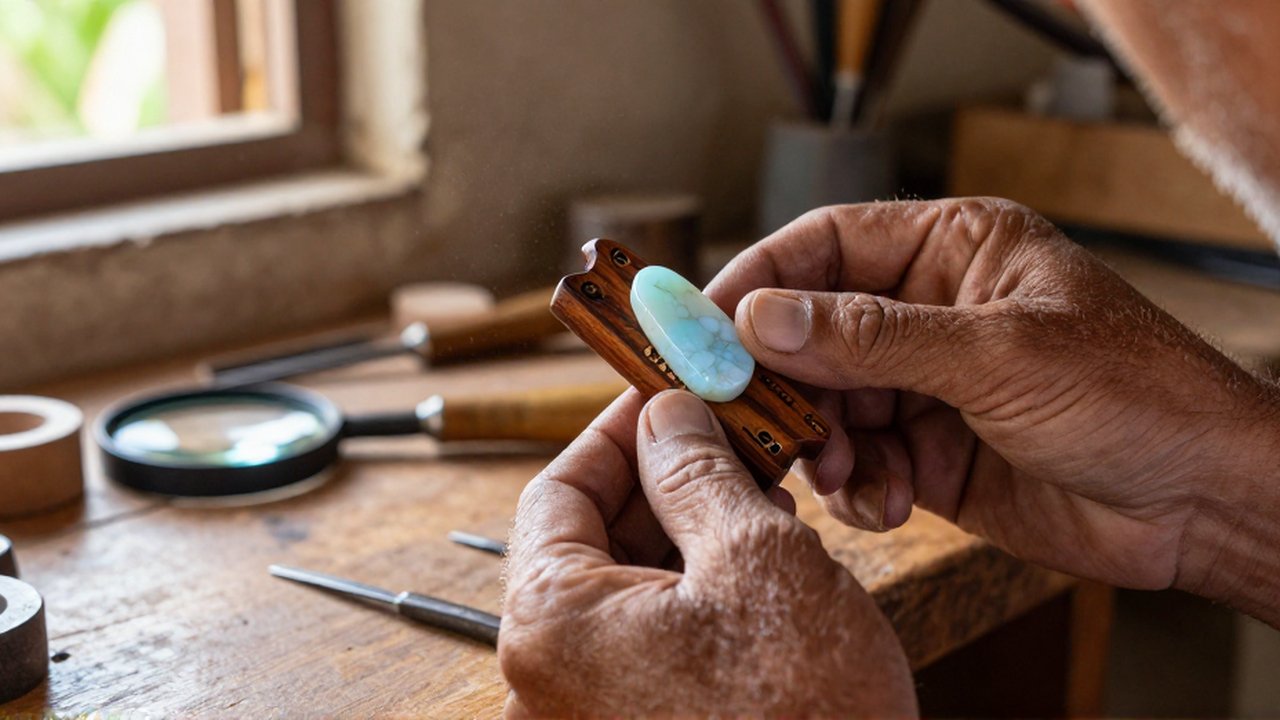 An artisan's weathered hands examine a carved Larimar pendant and mahogany woodwork on a workbench.