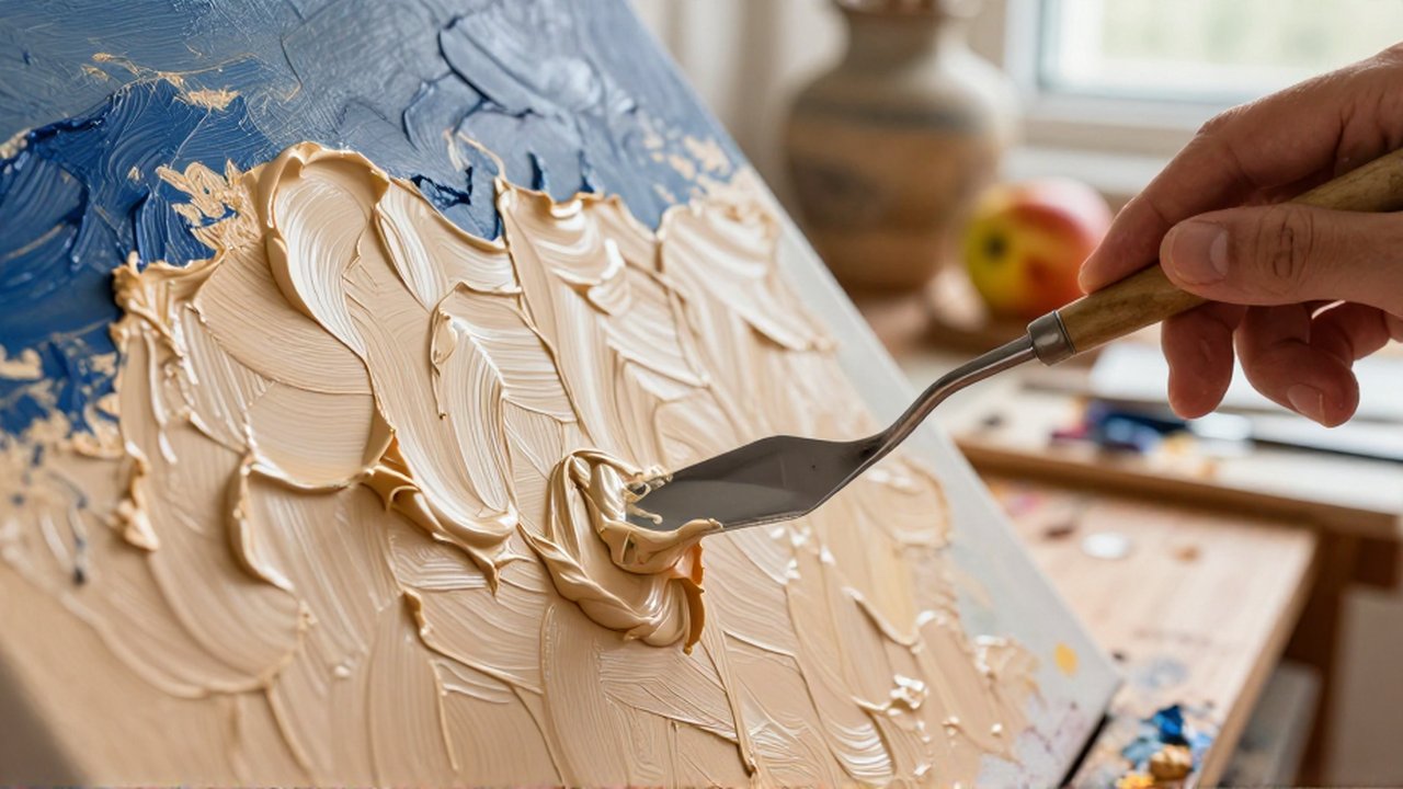 A painter's hand uses a metal palette knife to apply thick