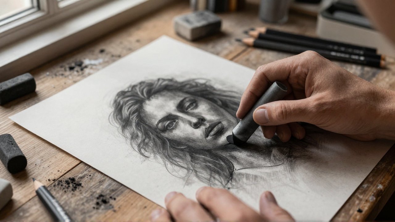 An artist's hands use a smudge stick to blend charcoal gradients on textured paper.