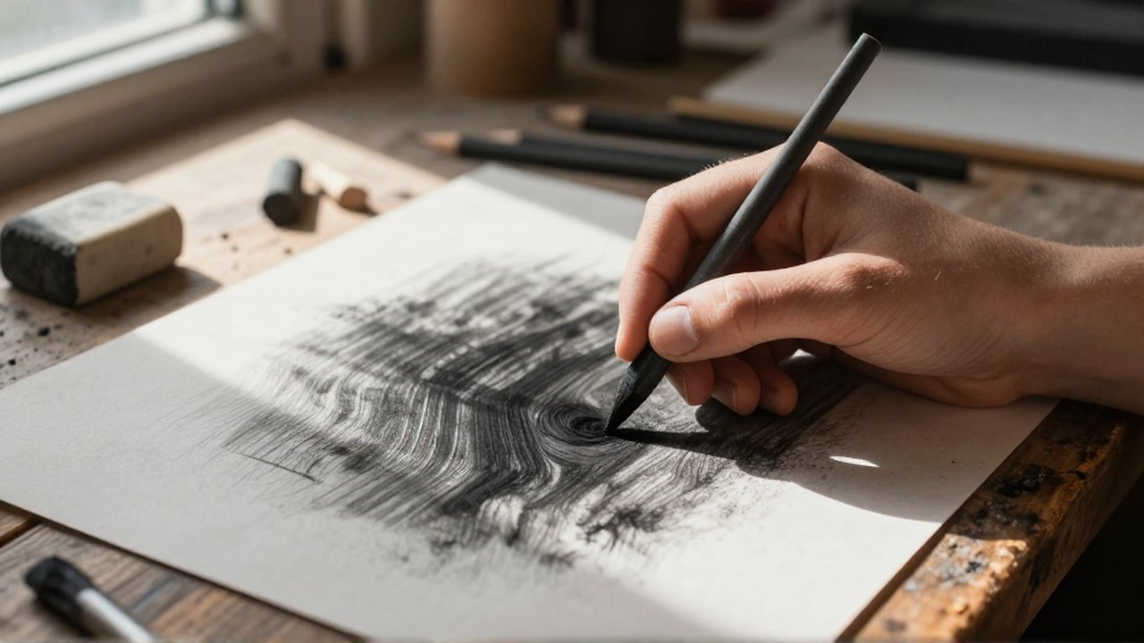 An artist's hands carefully layer black charcoal onto textured paper on a wooden studio desk.