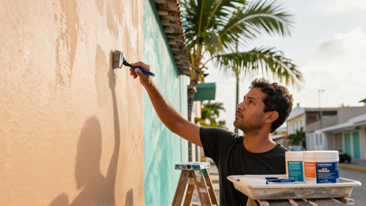 A muralist uses a brush and cleaning solution to prepare a weathered stucco wall in a tropical setting.