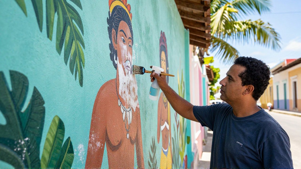 A professional conservator uses a brush and spray to clean a colorful tropical mural on a concrete wall.