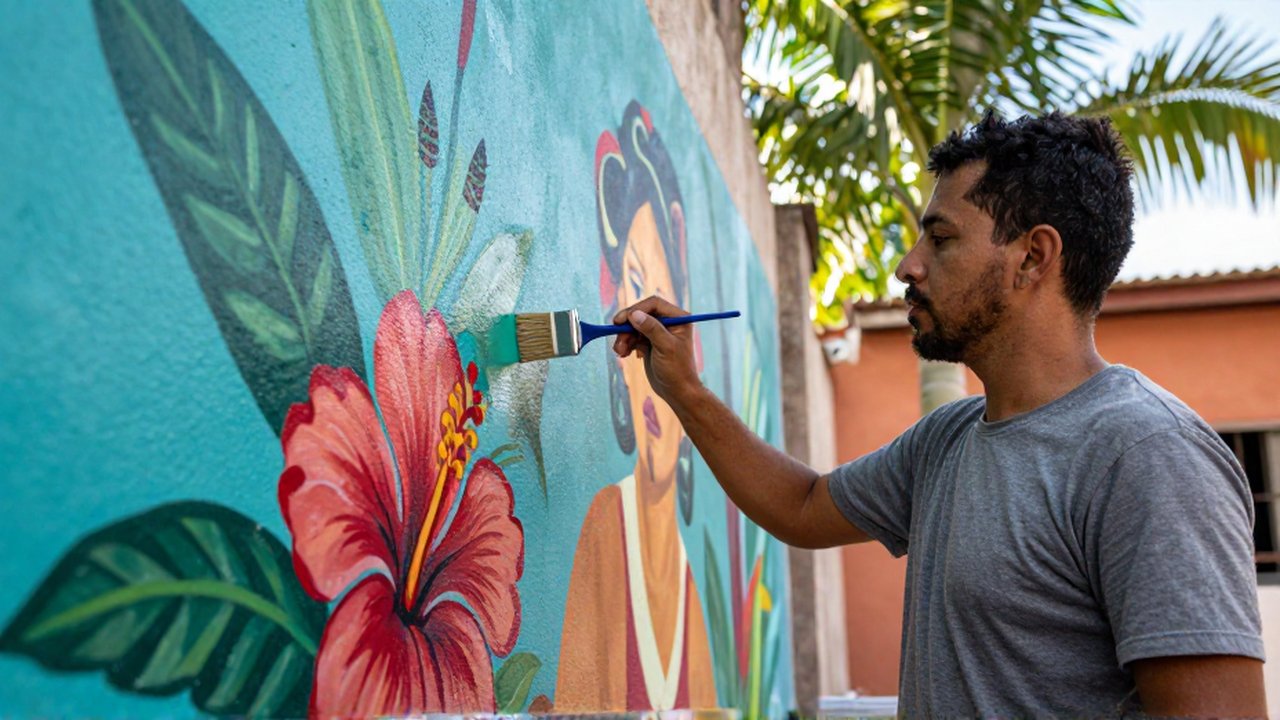 A muralist applies a clear protective sealant to a vibrant tropical street mural in Santo Domingo.