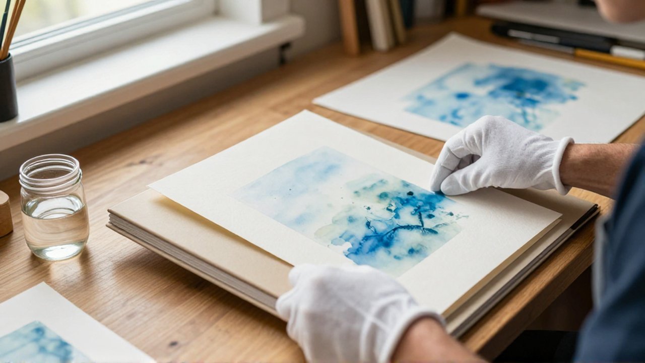 Gloves-clad hands carefully place a watercolor painting into an archival folder on an art studio workbench.