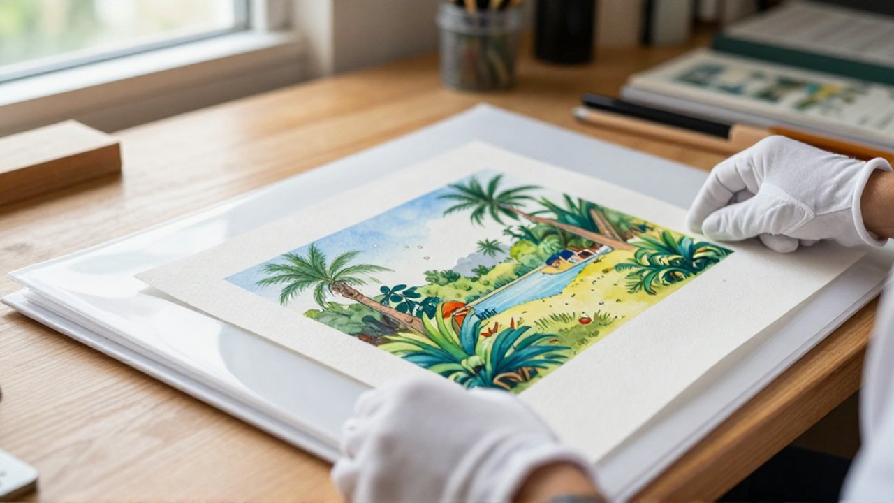 Gloved hands carefully slide a tropical watercolor painting into an archival storage folder on a wooden workbench.