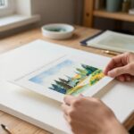An artist’s hands slide a watercolor landscape into an archival portfolio sleeve on a studio desk.