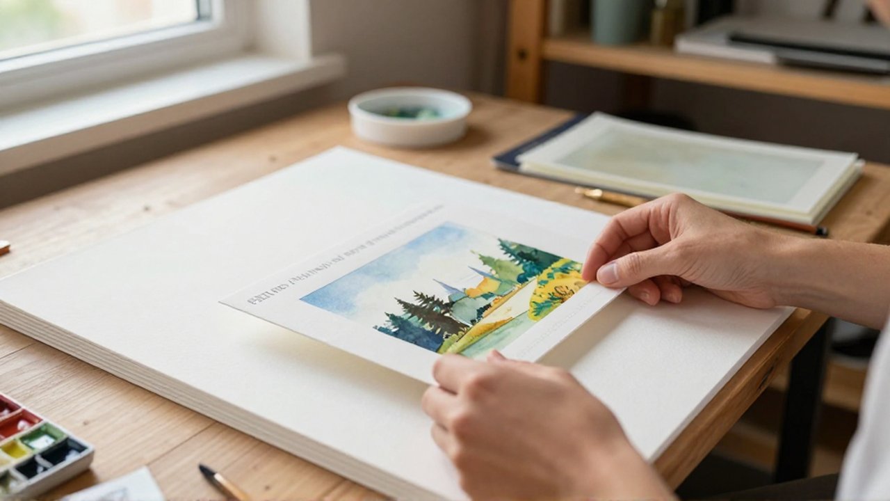 An artist’s hands slide a watercolor landscape into an archival portfolio sleeve on a studio desk.