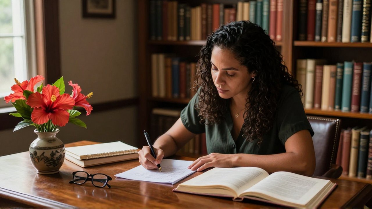 A scholar annotates manuscripts and novels at a desk in a sunlit private library.