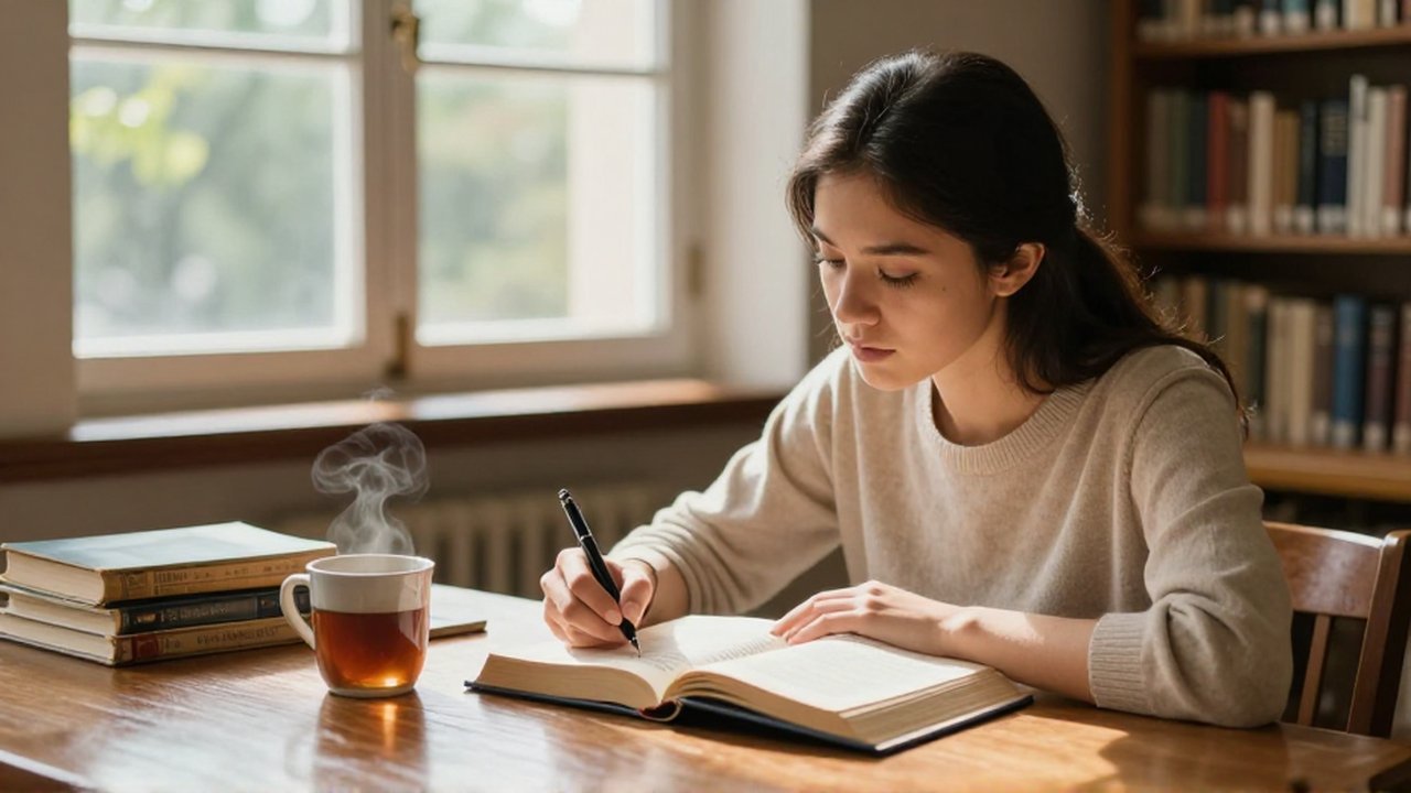 A female student sits at a library desk, focused on marking passages in a hardcover book.