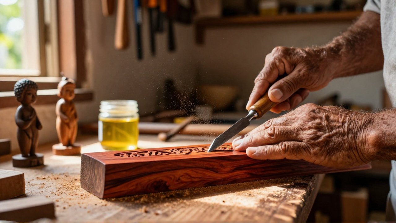 Weathered hands use a hand chisel to carve intricate patterns into a mahogany wood block.