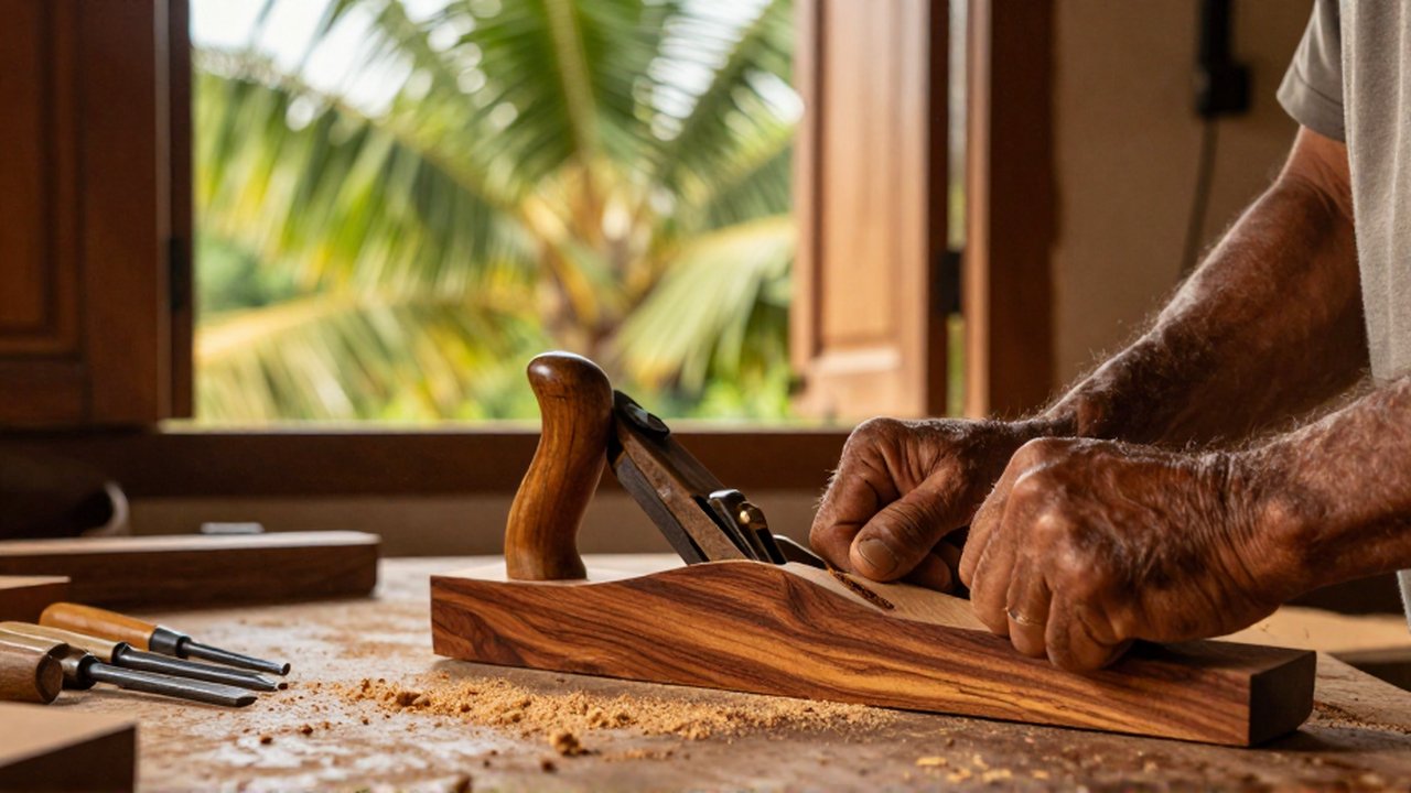 A craftsman's weathered hands use a hand plane to sand a mahogany wood slab in a sunlit workshop.