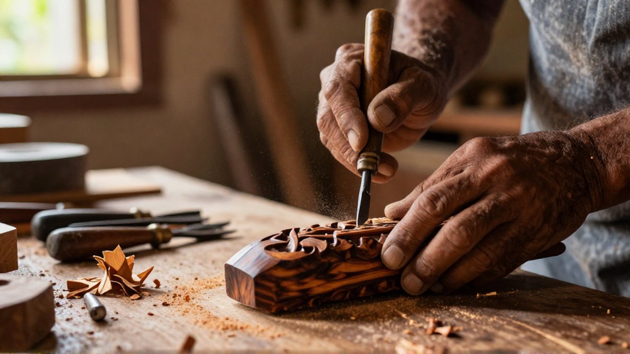 Close-up of an artisan's hands using a fine chisel to carve patterns into dark mahogany wood.