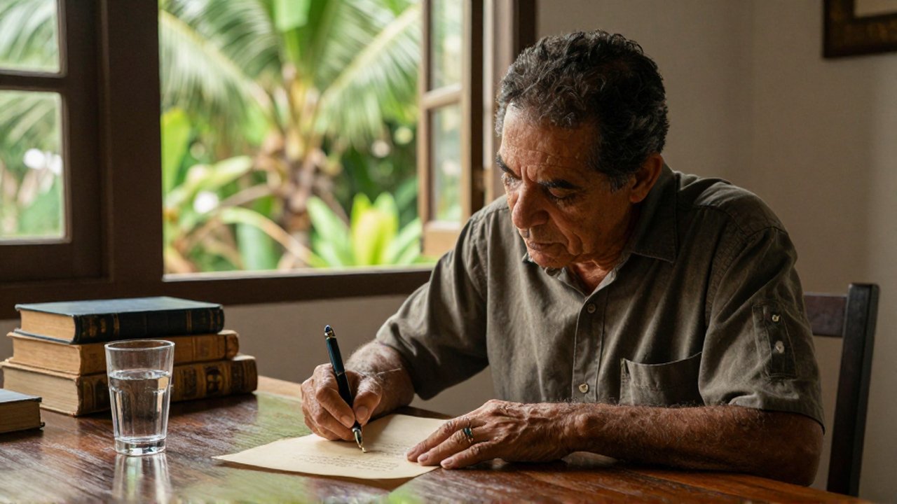 A middle-aged man sits at a dark wooden desk