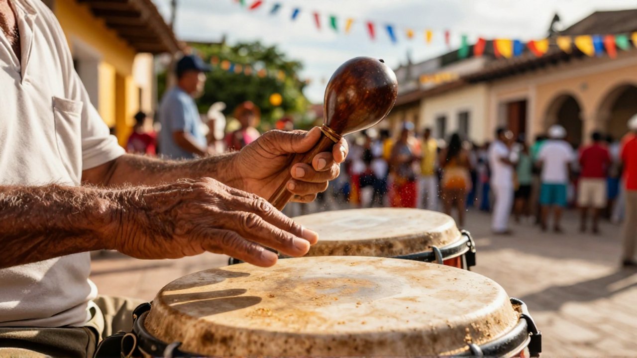Weathered hands vigorously play a wooden güira and merengue drum in a sun-drenched colonial plaza.