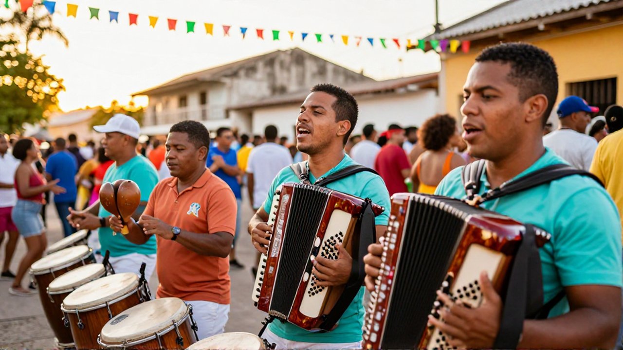 Dominican musicians play the accordion and güira during a festive street celebration at sunset.