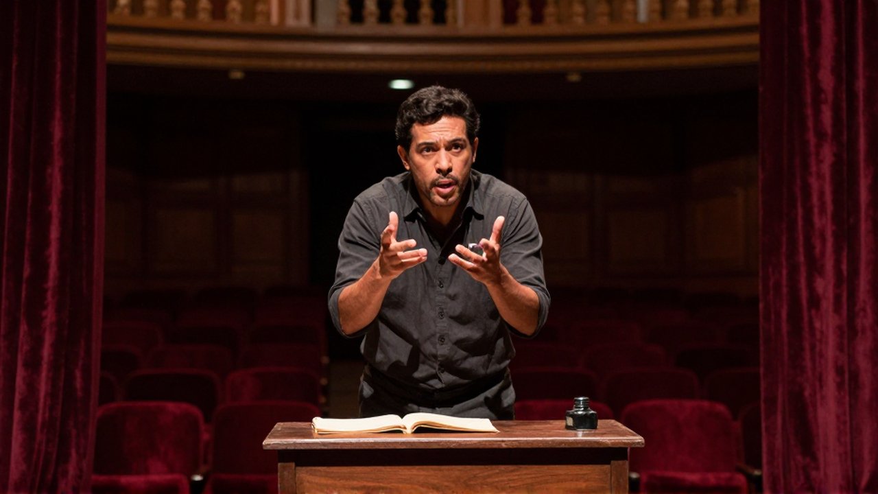 A solitary actor performs with intense expressions on a dimly lit, dramatic theatrical stage.