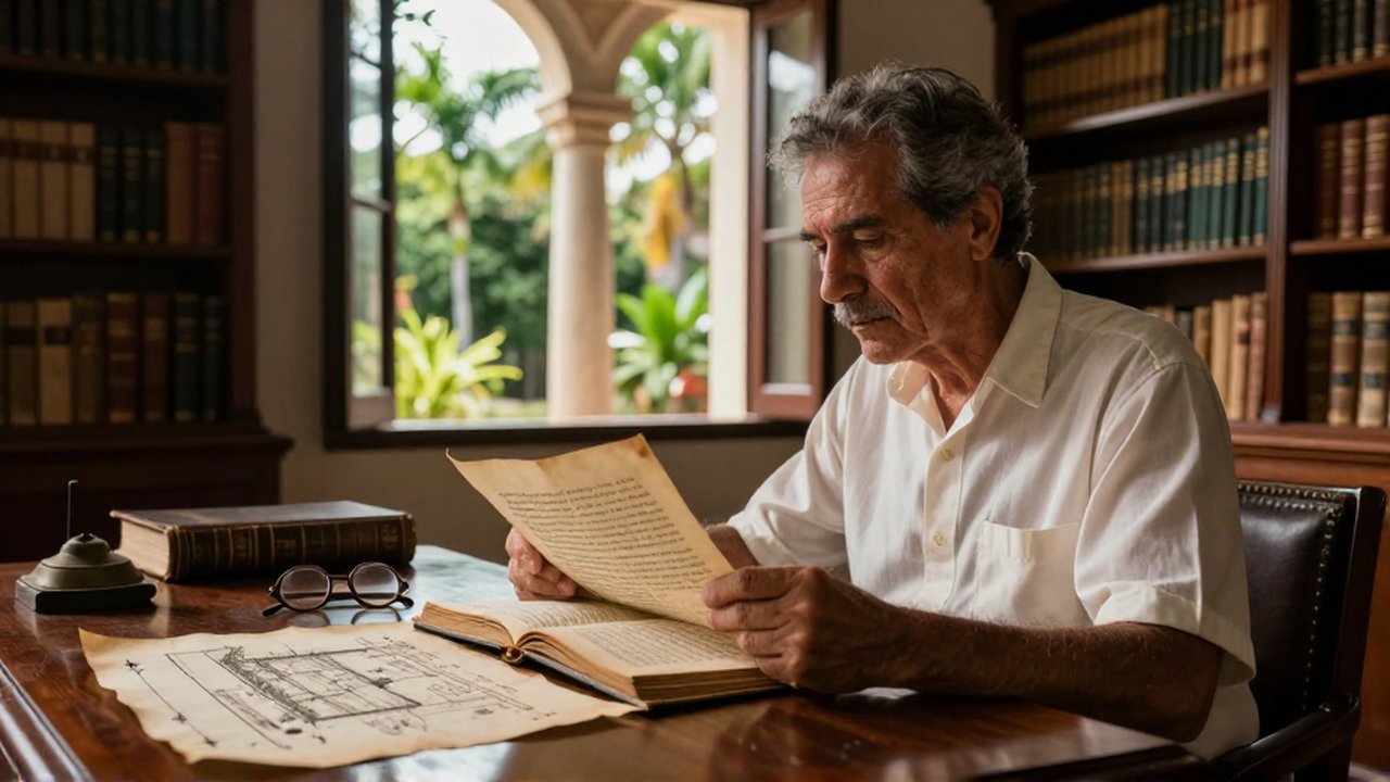 A scholar reads a weathered script at a wooden desk in a sunlit