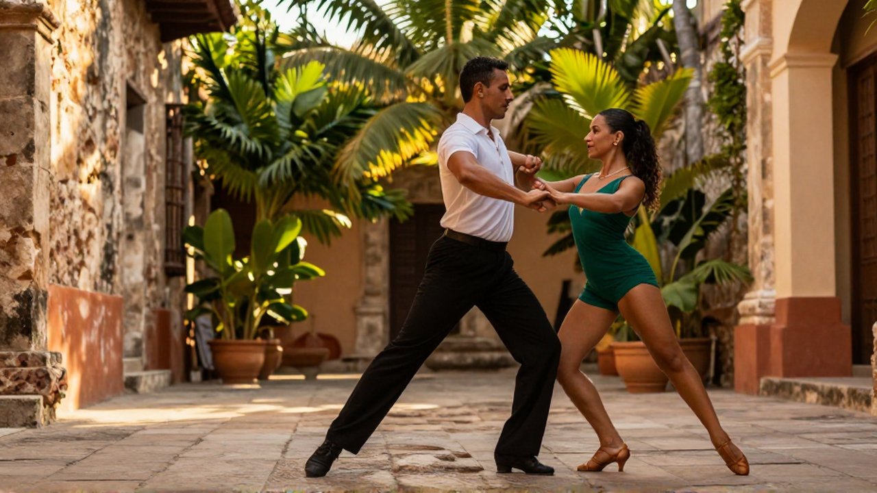 A man and woman dance with distinct hip movements in a sunlit, tropical colonial courtyard.