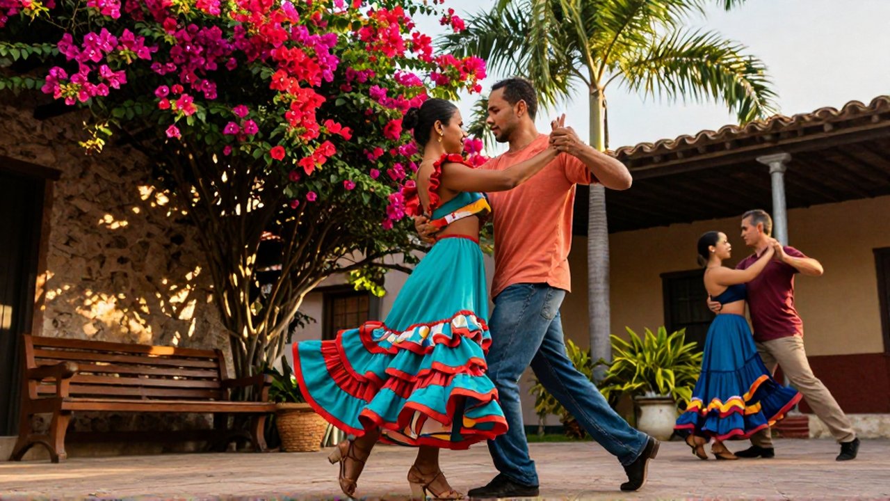 A couple dances merengue in a sunlit courtyard while another pair watches from a bench.