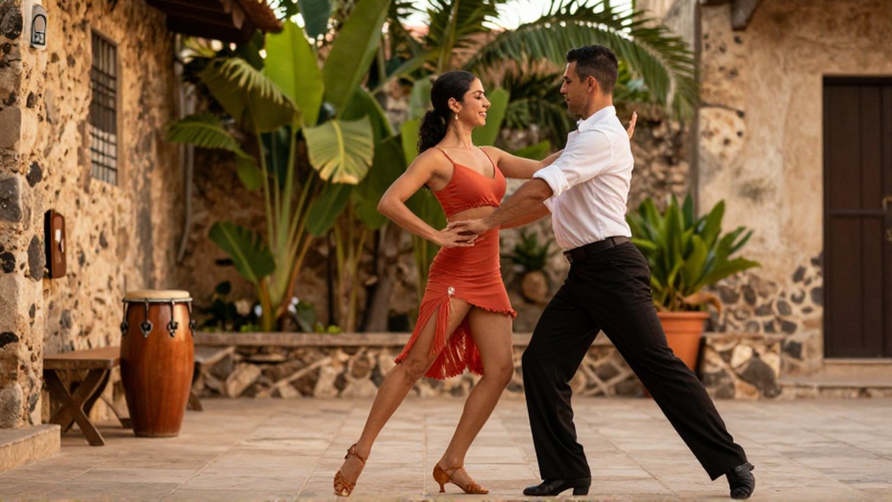 A female dancer performs energetic Merengue steps next to a male dancer doing a slow Bachata sway in a sun-drenched courtyard.