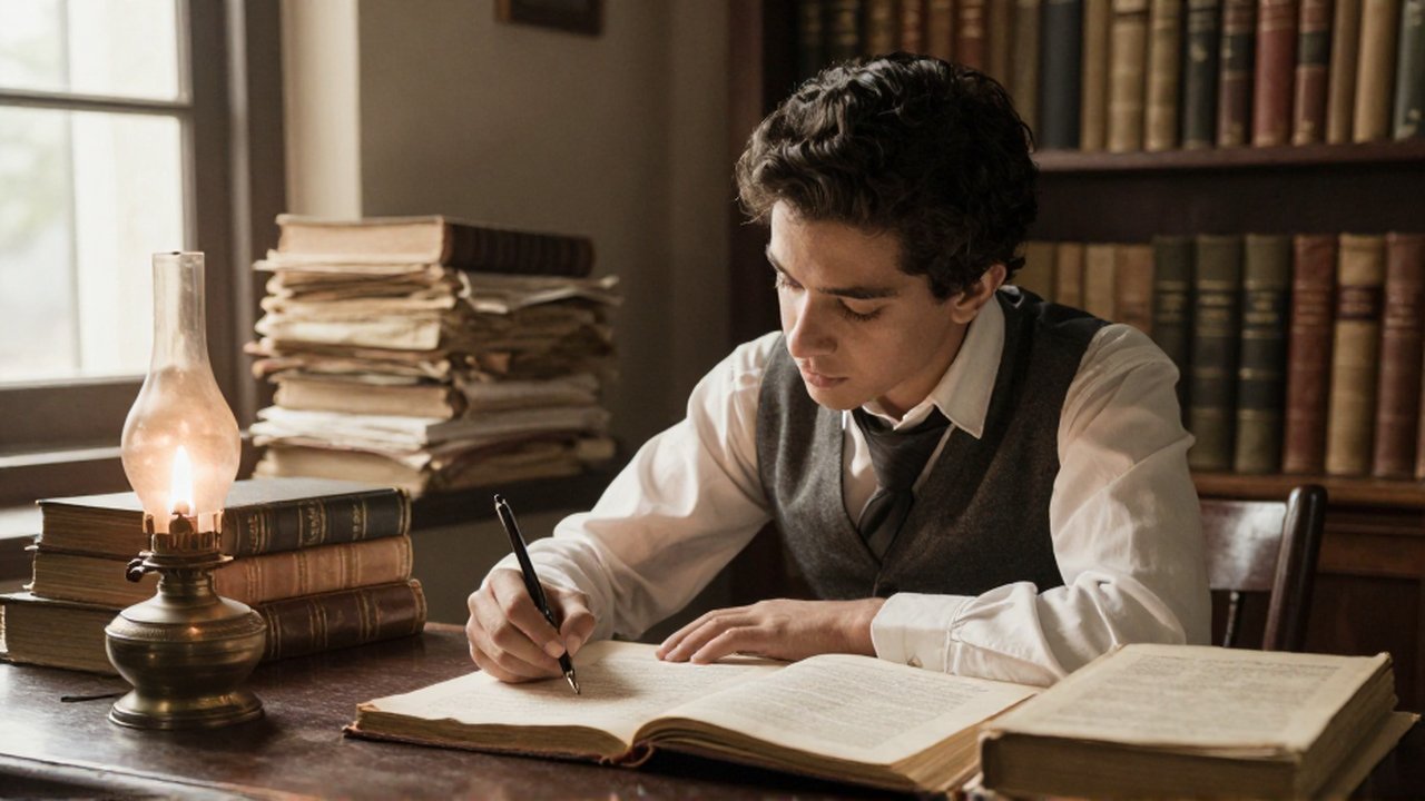 A young man writes with a fountain pen at a desk in a sunlit, book-filled study.