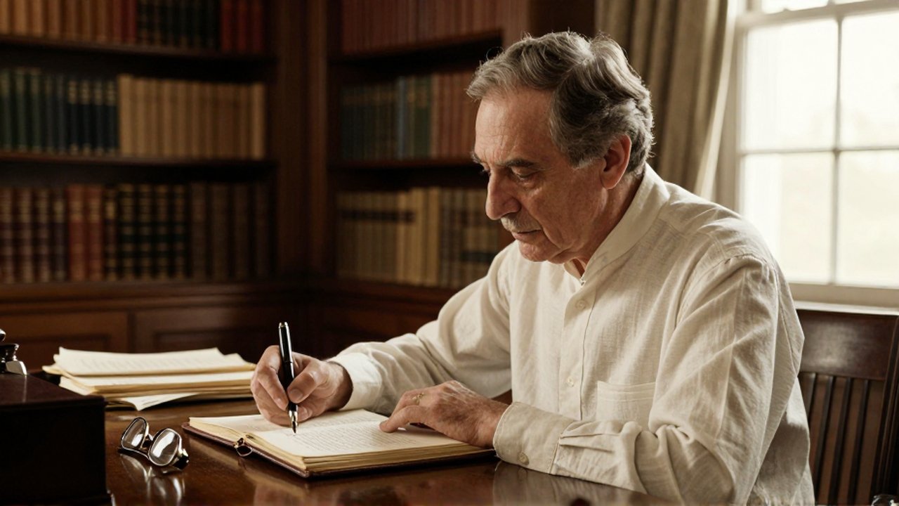A thoughtful scholarly man writes in a leather journal at a desk in a sunlit library.