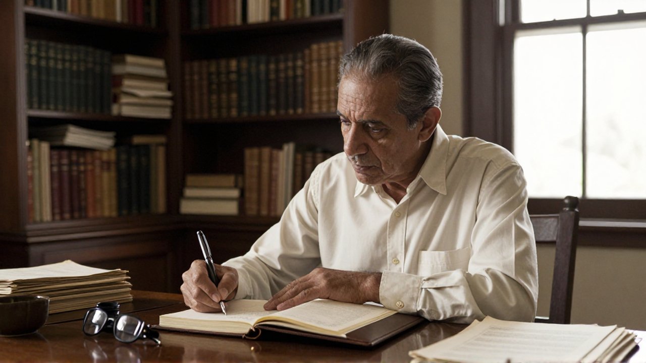 A middle-aged scholar writes in a leather journal at a desk within a sunlit