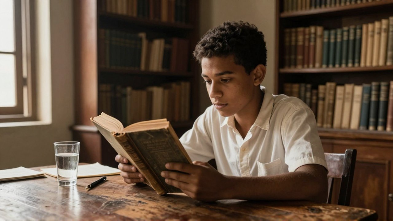 A young student sits at a wooden desk reading a thick book in a sunlit library.